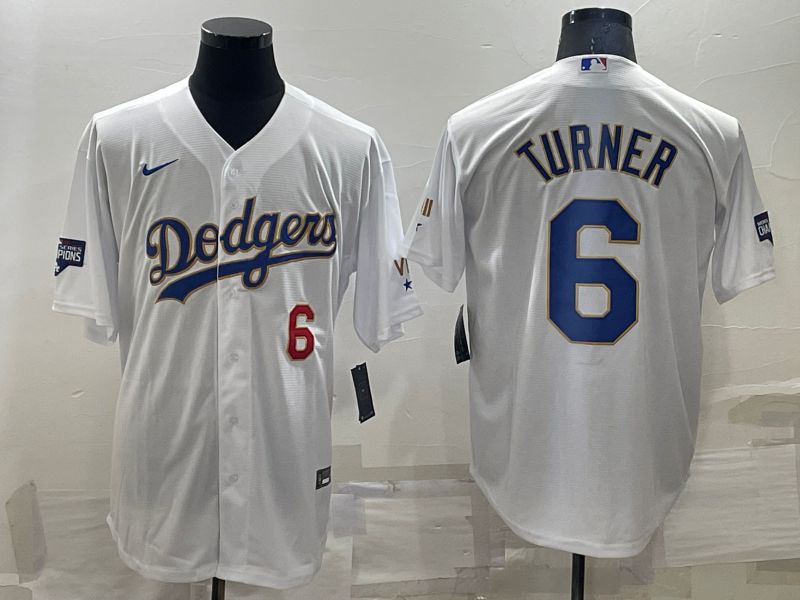 Men Los Angeles Dodgers #6 Turner White Gold Game 2022 Nike MLB Jersey1